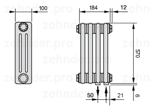 Схема (чертеж) Радиатор Zehnder Charleston 3057/4 №5510 Technoline TL